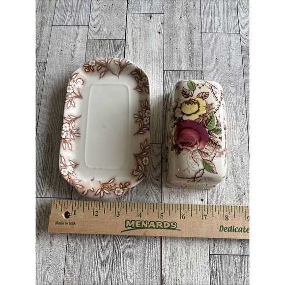 vintage Nasco Rose Arbor Brown Floral Transferware Covered Butter Dish 7 1/4" - Picture 7 of 8